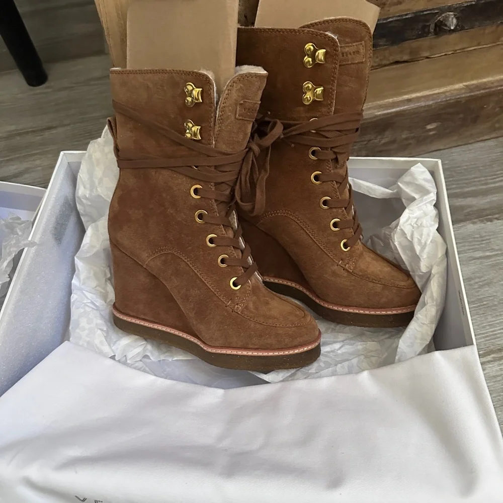 with box Veronica Beard Womens Brown Ananya Shearling Wedge Boots Shoe - Picture 2 of 8